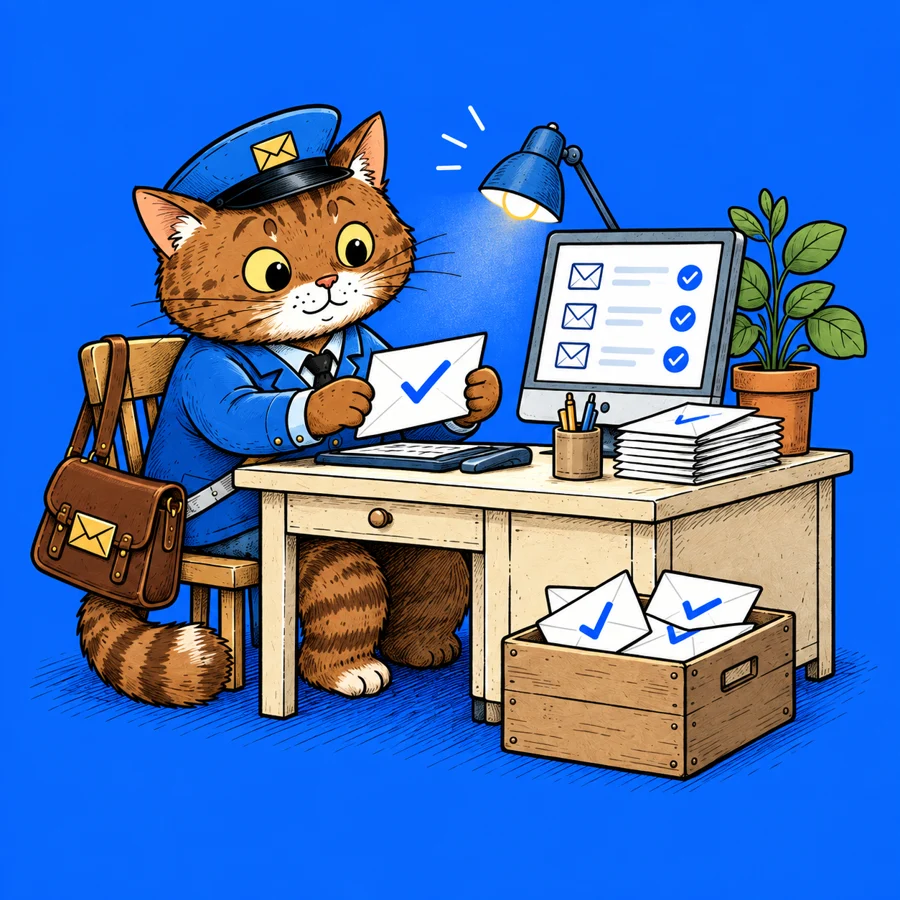 EmailValidly’s postal cat checking envelopes at a desk.