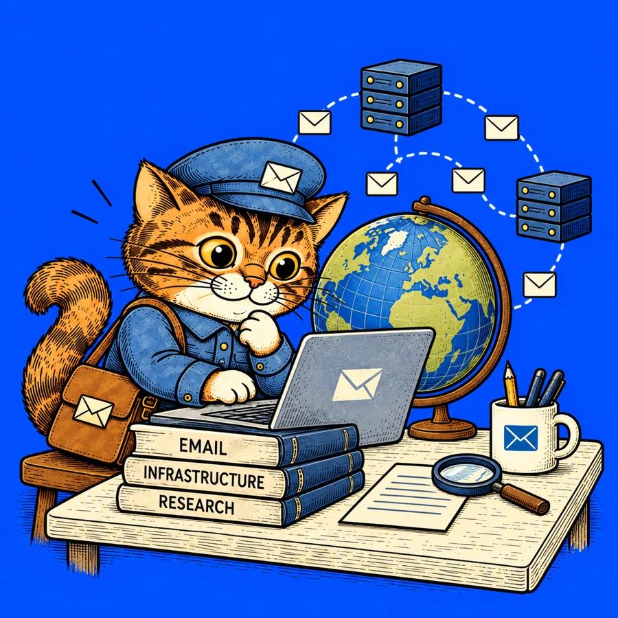 Postal cat researching email infrastructure beside a globe, laptop and mail servers.